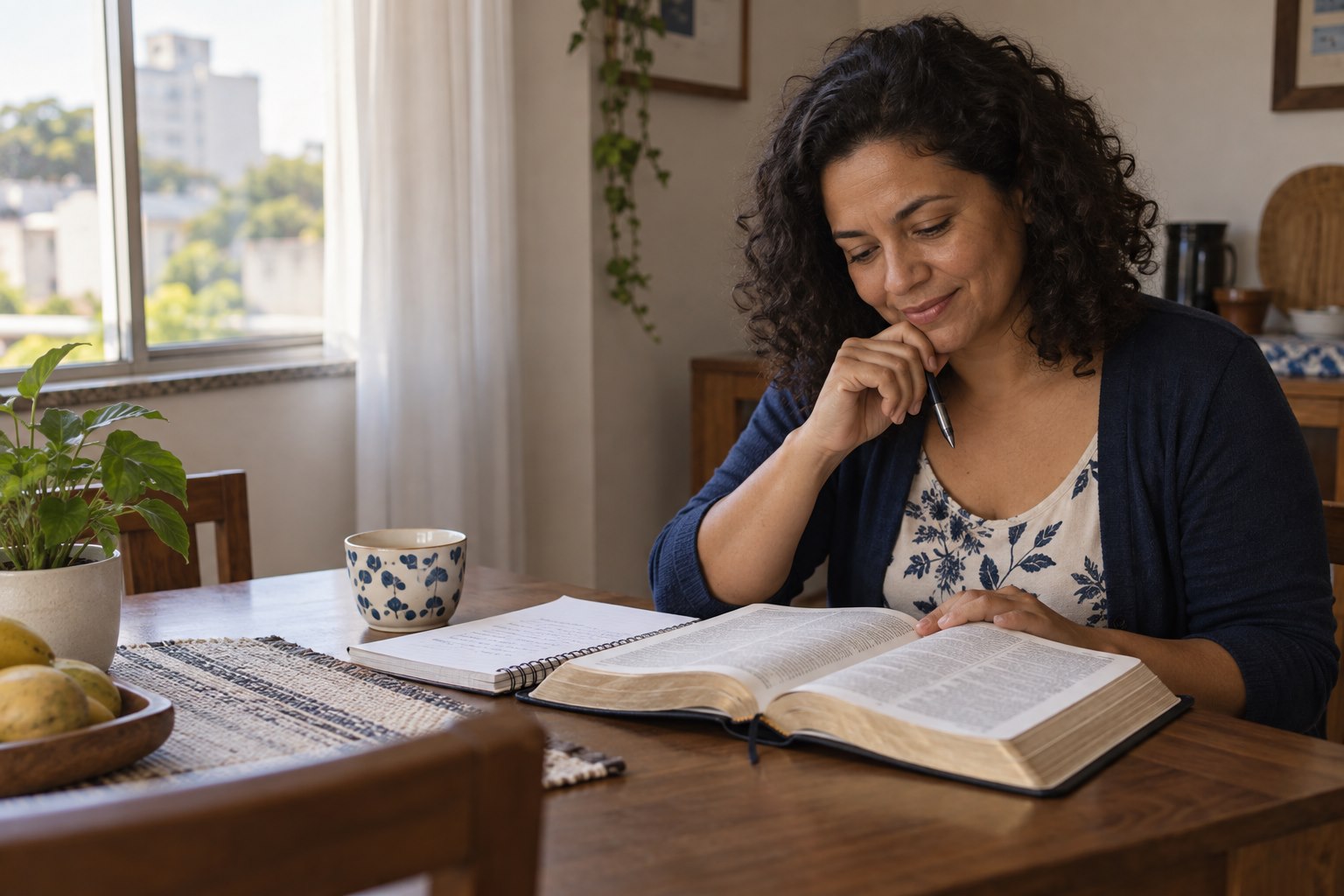 Mulher estudando a Bíblia e registrando suas descobertas em um caderno