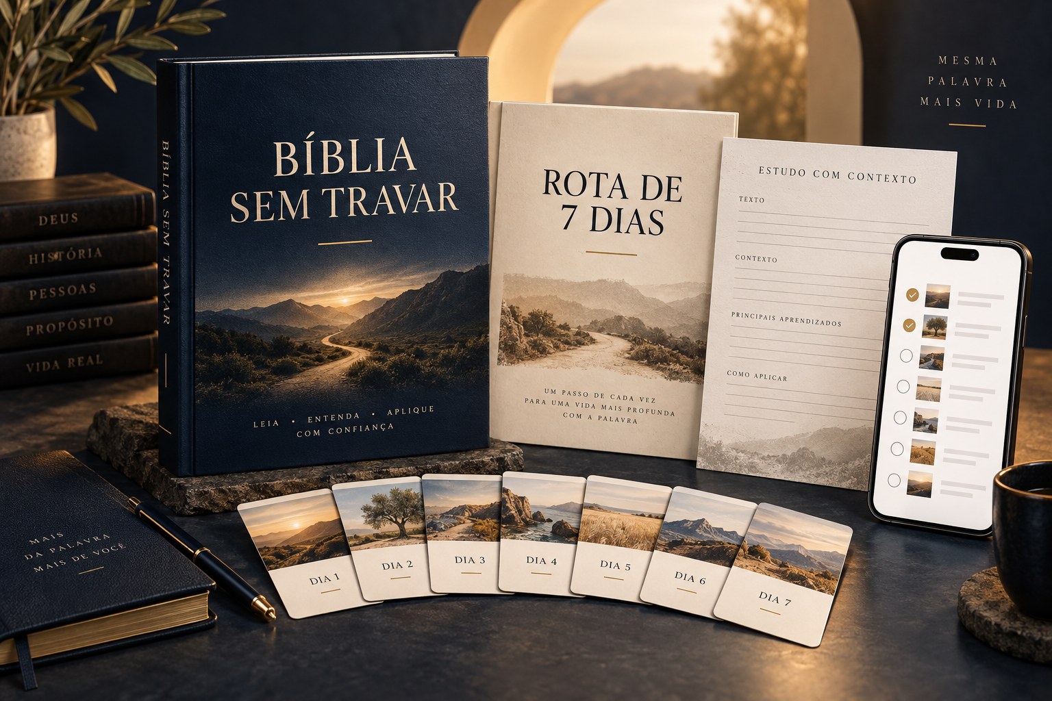 Kit Bíblia Sem Travar com guia, rota de sete dias, cartões e versão para celular